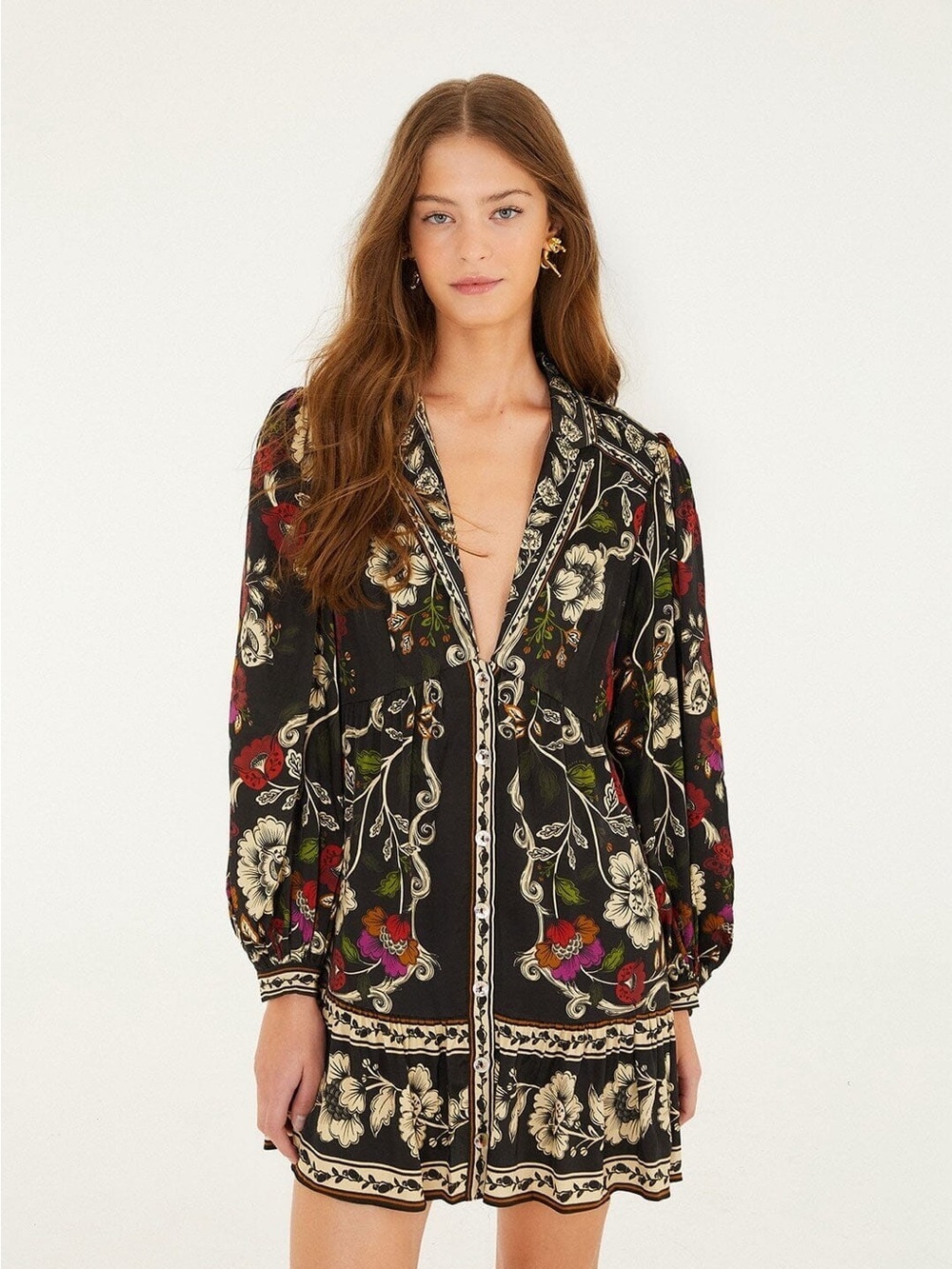 Farm Rio: Black Rococo Flowers Mini Dress - Picture 7 of 11